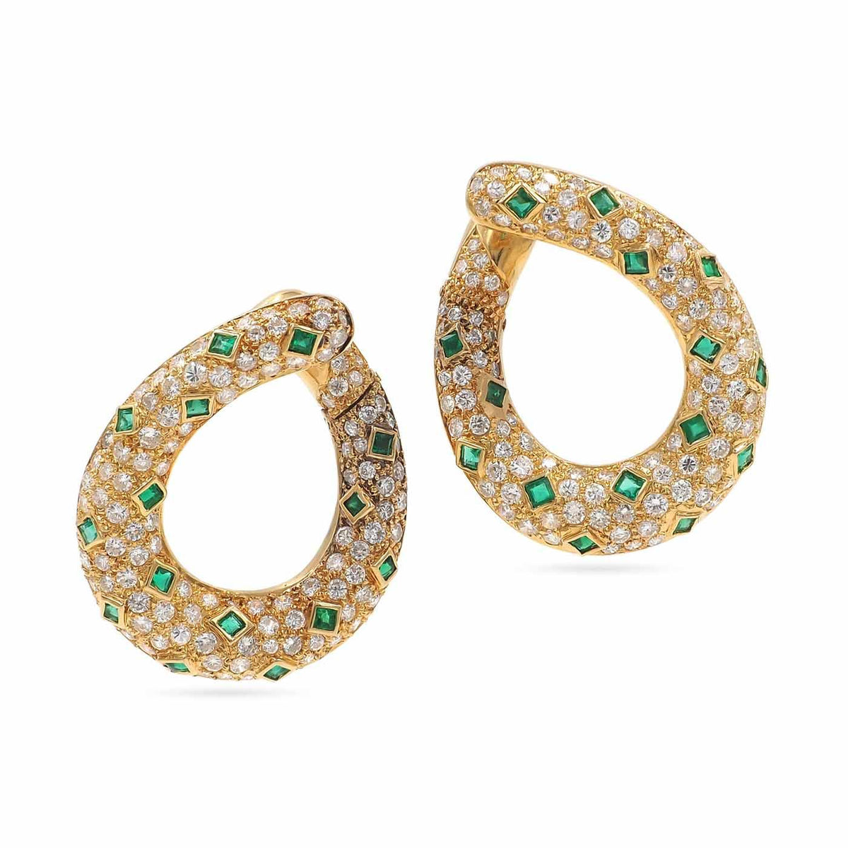 Vintage 4.20 Ctw. Diamond & 1.50 Ctw. Emerald Front-Facing Open Hoop Earrings