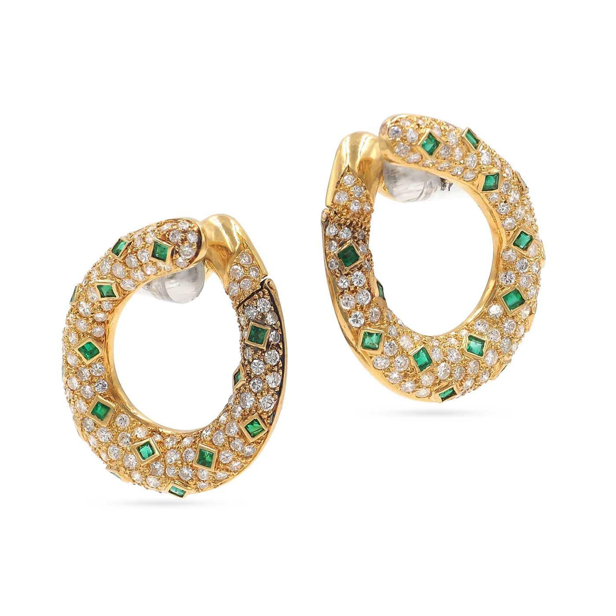 Vintage 4.20 Ctw. Diamond & 1.50 Ctw. Emerald Front-Facing Open Hoop Earrings