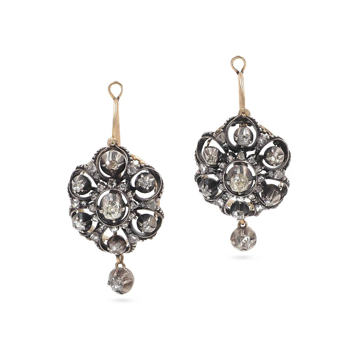 Victorian 1.05 Ctw. Old Cut Diamond Ornate Cluster Drop Earrings