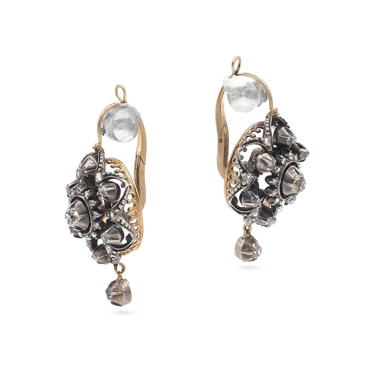 Victorian 1.05 Ctw. Old Cut Diamond Ornate Cluster Drop Earrings