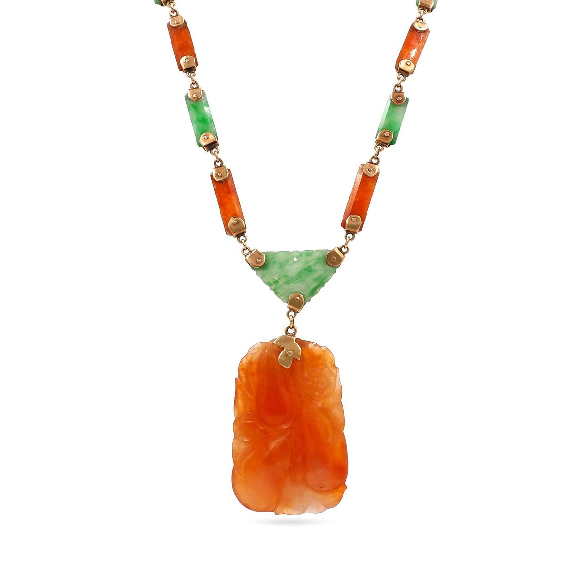 Victorian Carved Natural Green & Orange Jadeite Station Drop Necklace by Gumps