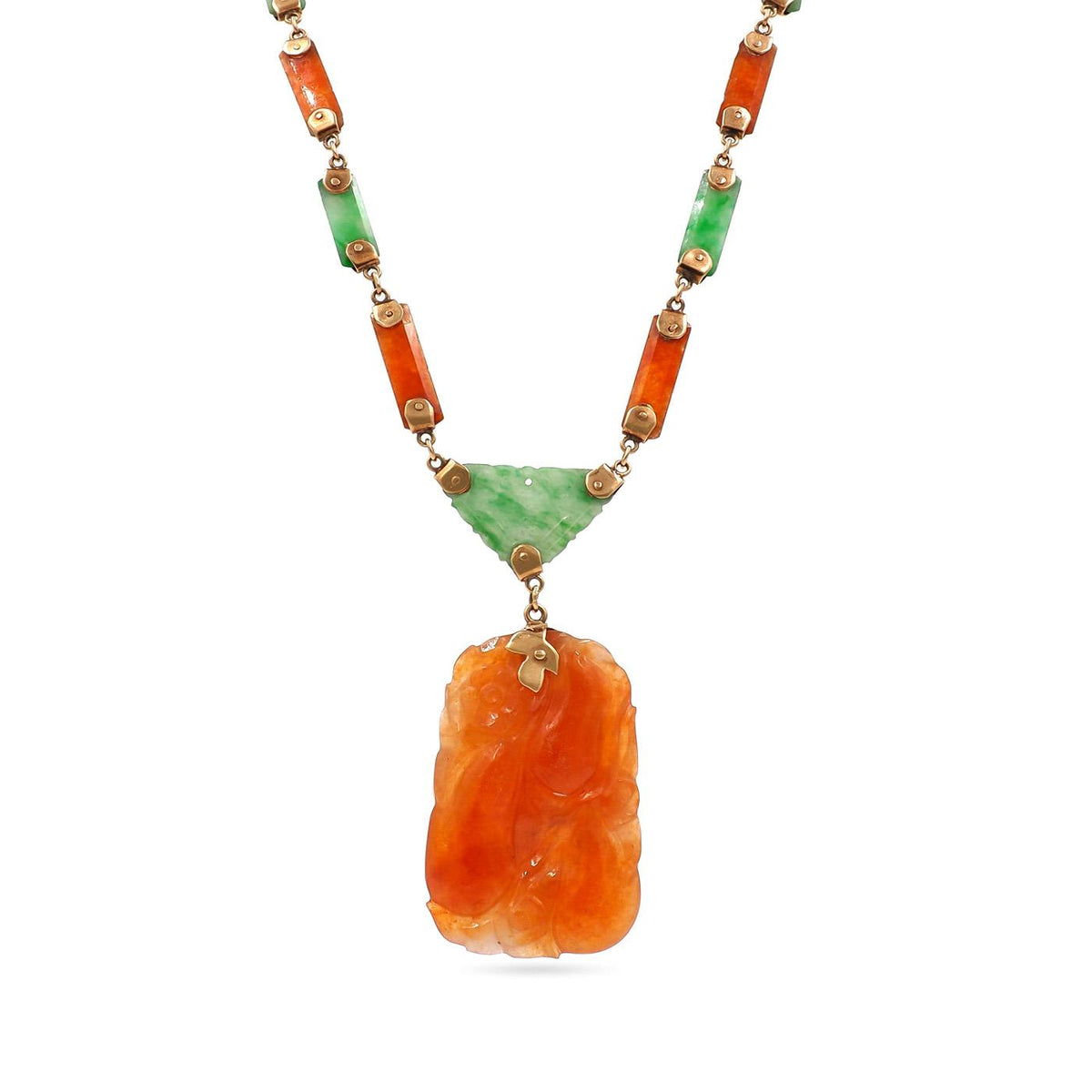 Victorian Carved Natural Green & Orange Jadeite Station Drop Necklace by Gumps