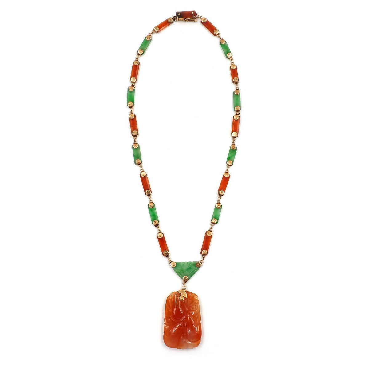 Victorian Carved Natural Green & Orange Jadeite Station Drop Necklace by Gumps
