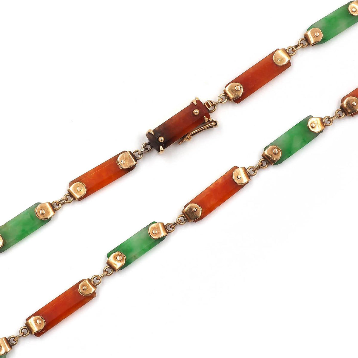 Victorian Carved Natural Green & Orange Jadeite Station Drop Necklace by Gumps