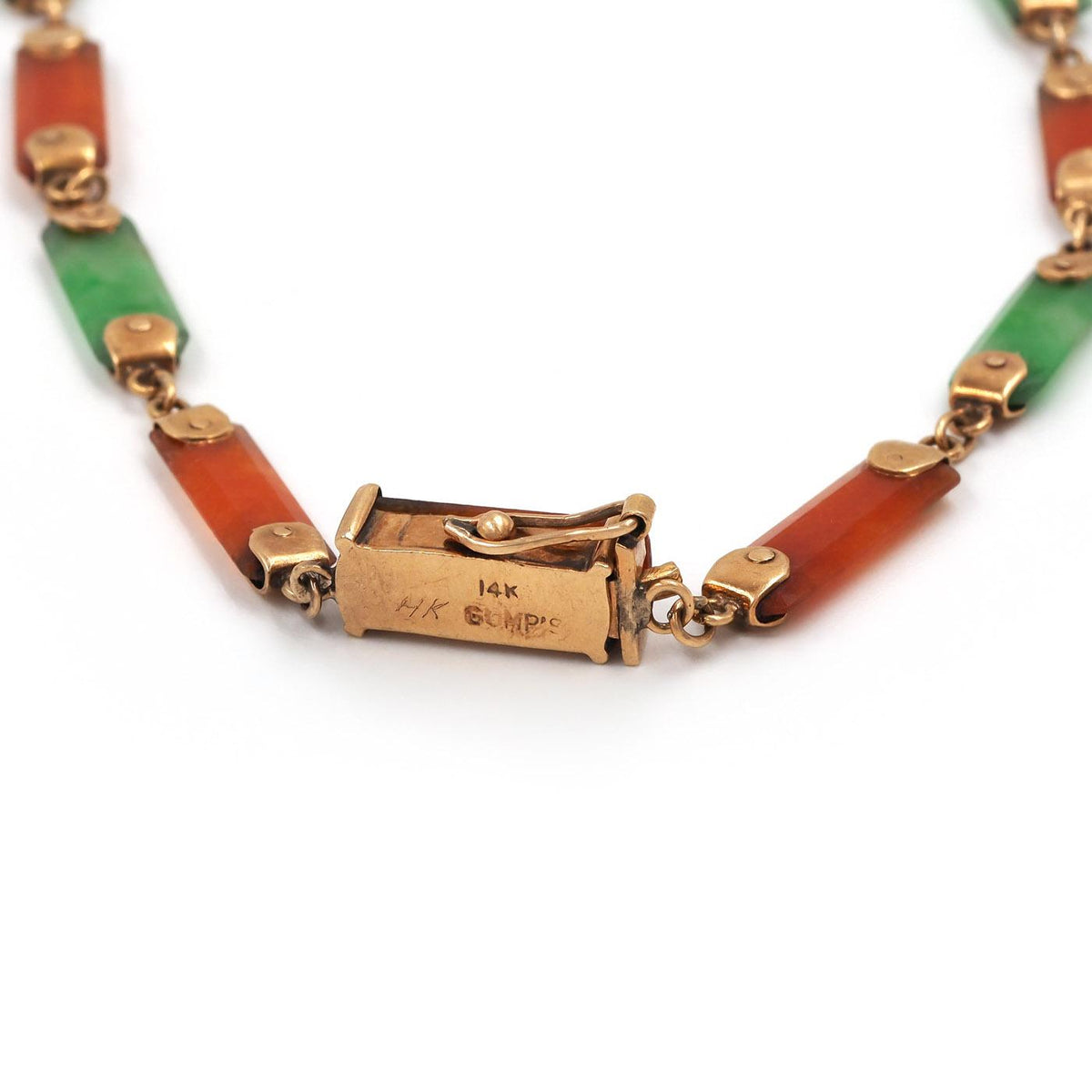Victorian Carved Natural Green & Orange Jadeite Station Drop Necklace by Gumps
