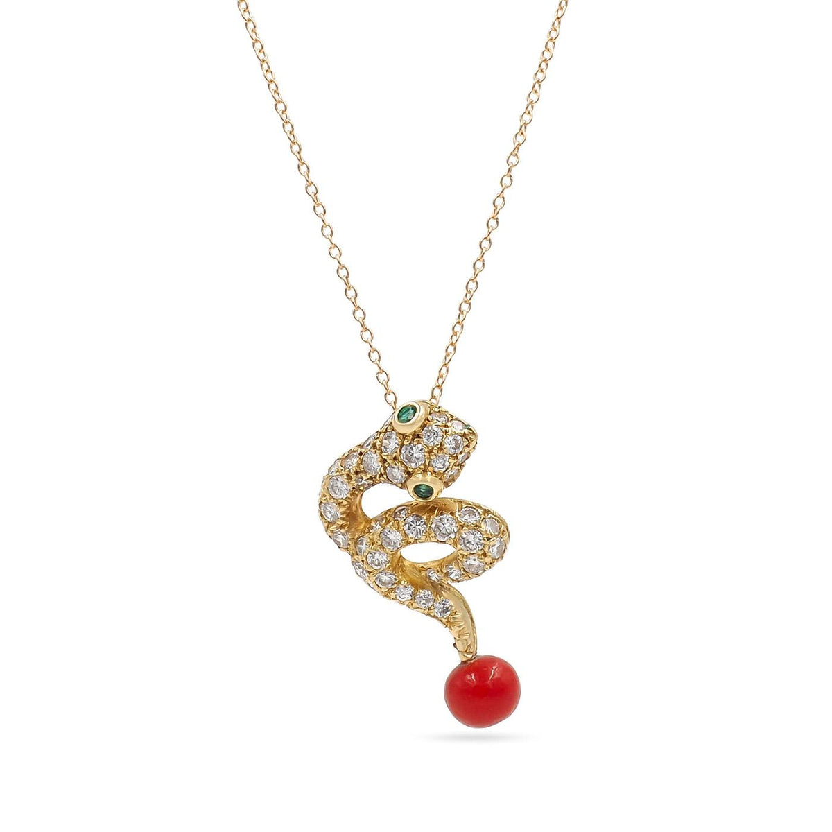 Vintage Diamond & Coral Bead Drop Snake Pendant Necklace