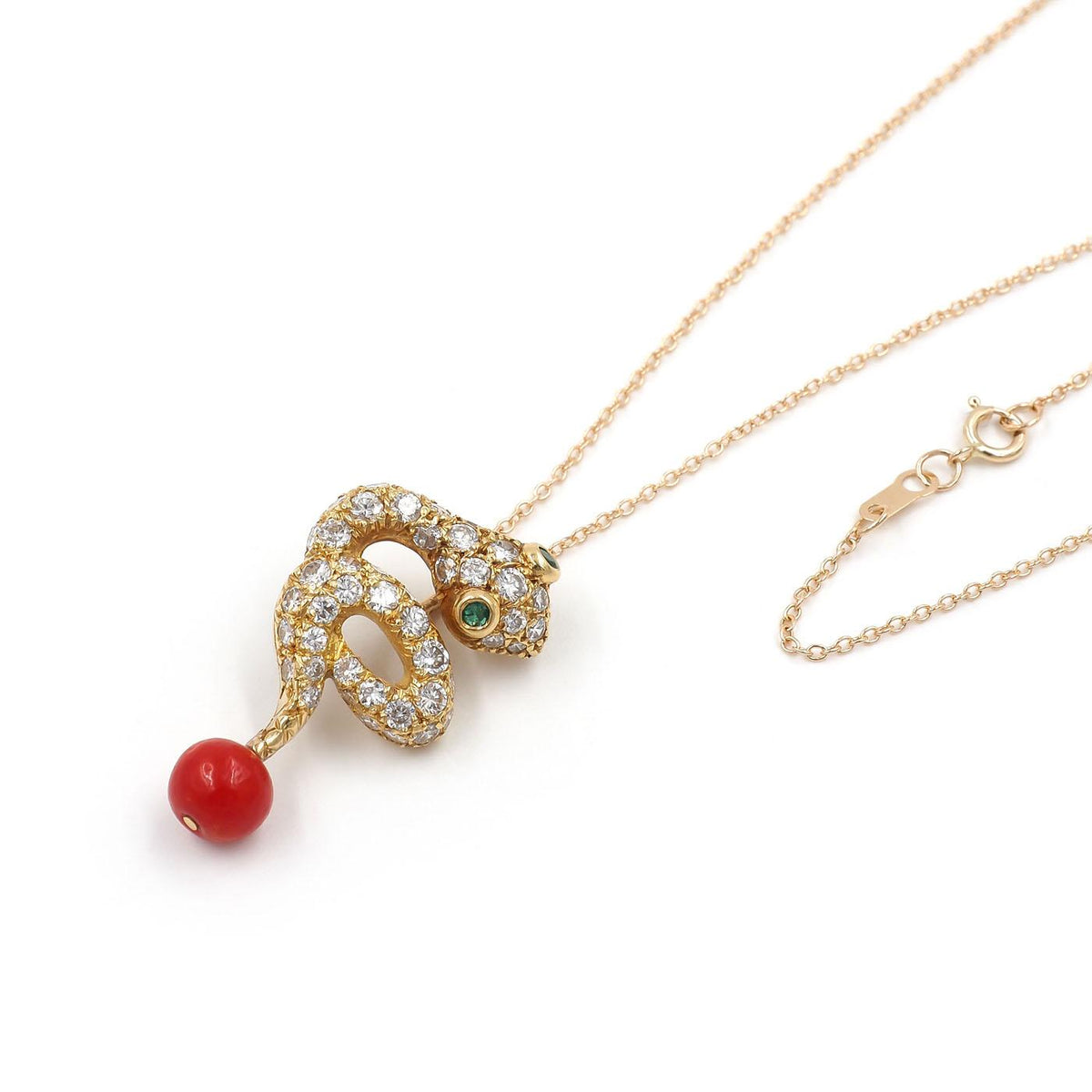 Vintage Diamond & Coral Bead Drop Snake Pendant Necklace
