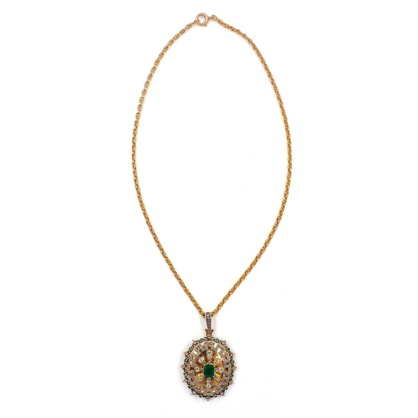 Victorian 1.40 Ct. Emerald & 2.00 Ctw. Diamond Greek Key Motif Pendant Necklace