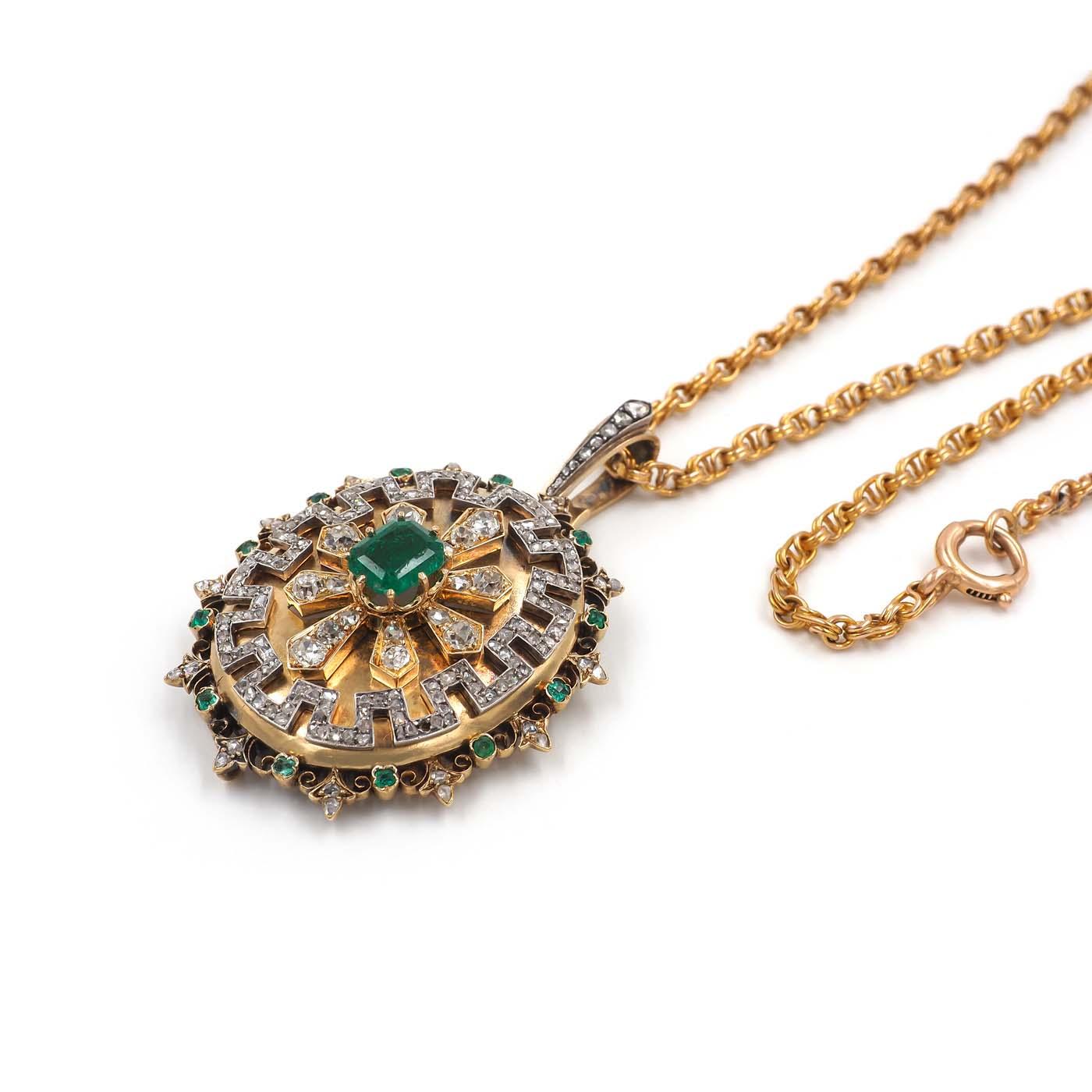 Victorian 1.40 Ct. Emerald & 2.00 Ctw. Diamond Greek Key Motif Pendant Necklace