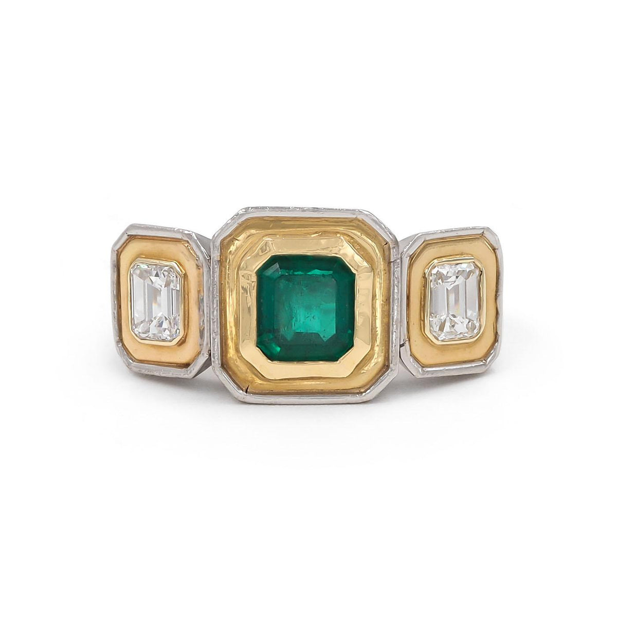 Vintage 1.13 Ct. Emerald & 0.95 Ctw. Emerald Cut Diamond 3-Stone Two-Tone Ring