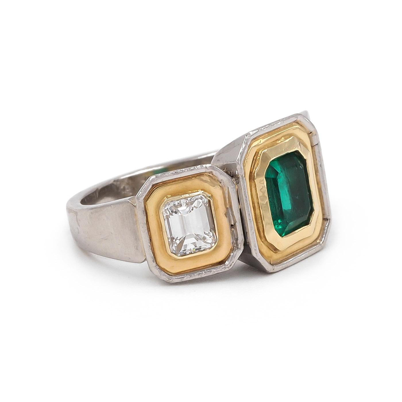 Vintage 1.13 Ct. Emerald & 0.95 Ctw. Emerald Cut Diamond 3-Stone Two-Tone Ring