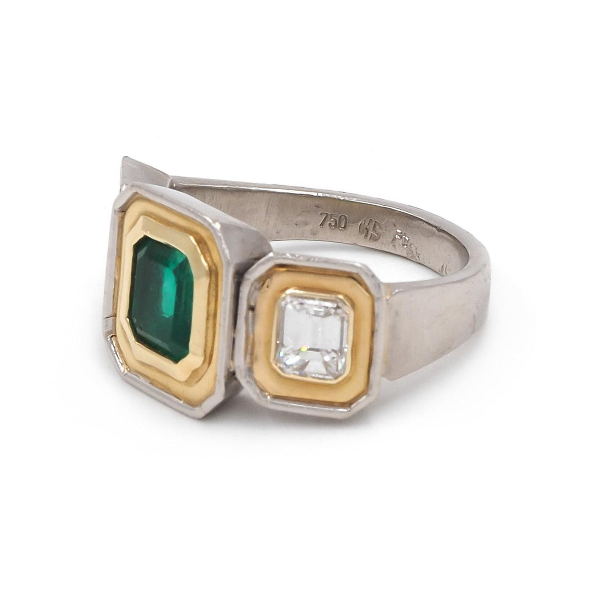Vintage 1.13 Ct. Emerald & 0.95 Ctw. Emerald Cut Diamond 3-Stone Two-Tone Ring