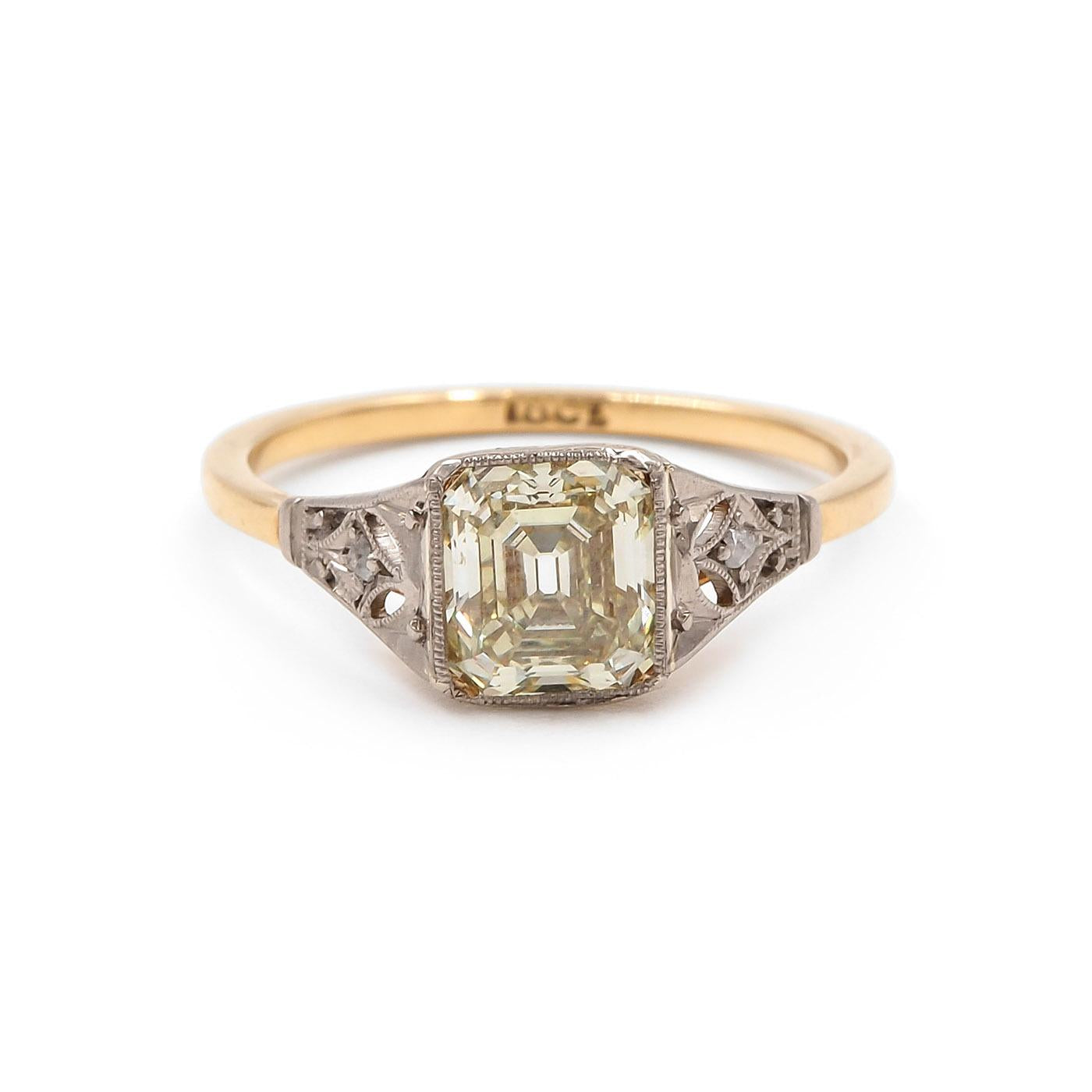 Art Deco 1.15 Ct. Emerald Cut Fancy Brownish Greenish Yellow Diamond Ring