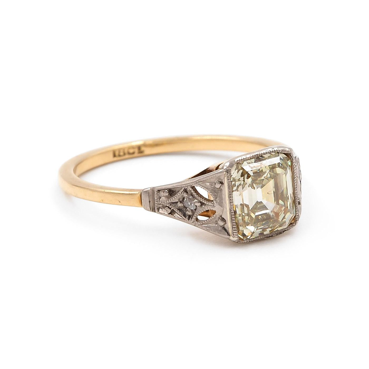 Art Deco 1.15 Ct. Emerald Cut Fancy Brownish Greenish Yellow Diamond Ring