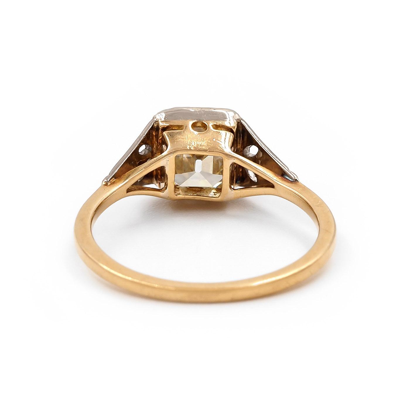 Art Deco 1.15 Ct. Emerald Cut Fancy Brownish Greenish Yellow Diamond Ring