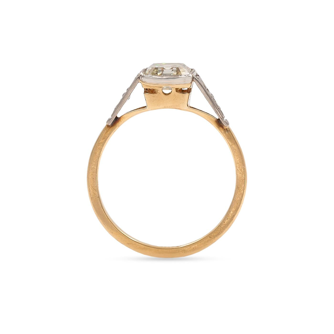 Art Deco 1.15 Ct. Emerald Cut Fancy Brownish Greenish Yellow Diamond Ring