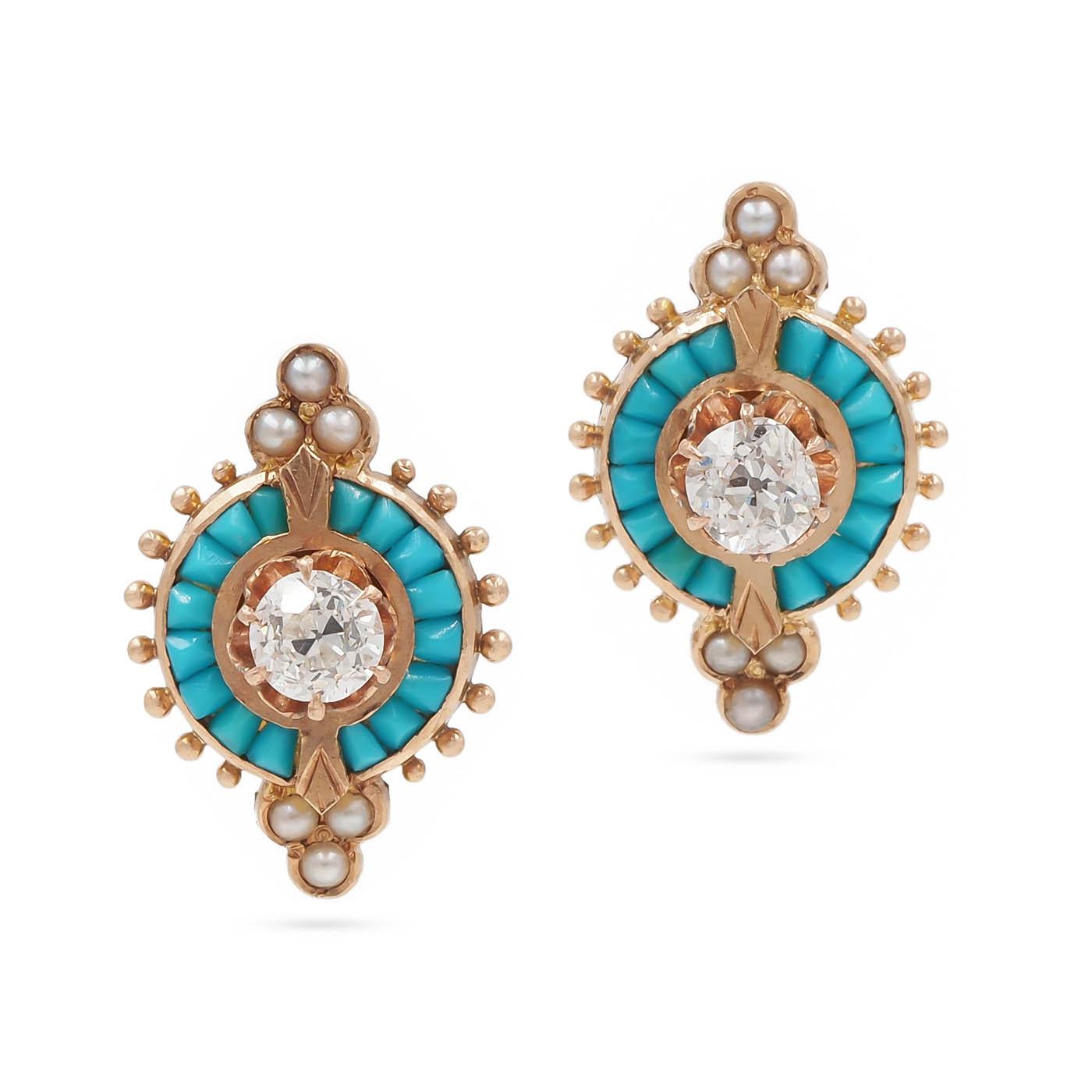 Victorian 0.60 Ctw. Old Mine Cut Diamond, Turquoise, & Pearl Earrings