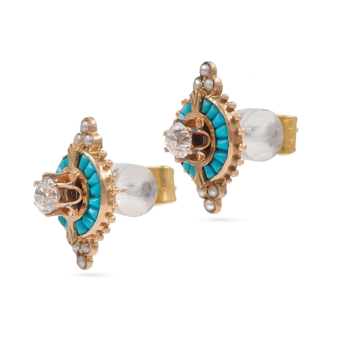 Victorian 0.60 Ctw. Old Mine Cut Diamond, Turquoise, & Pearl Earrings