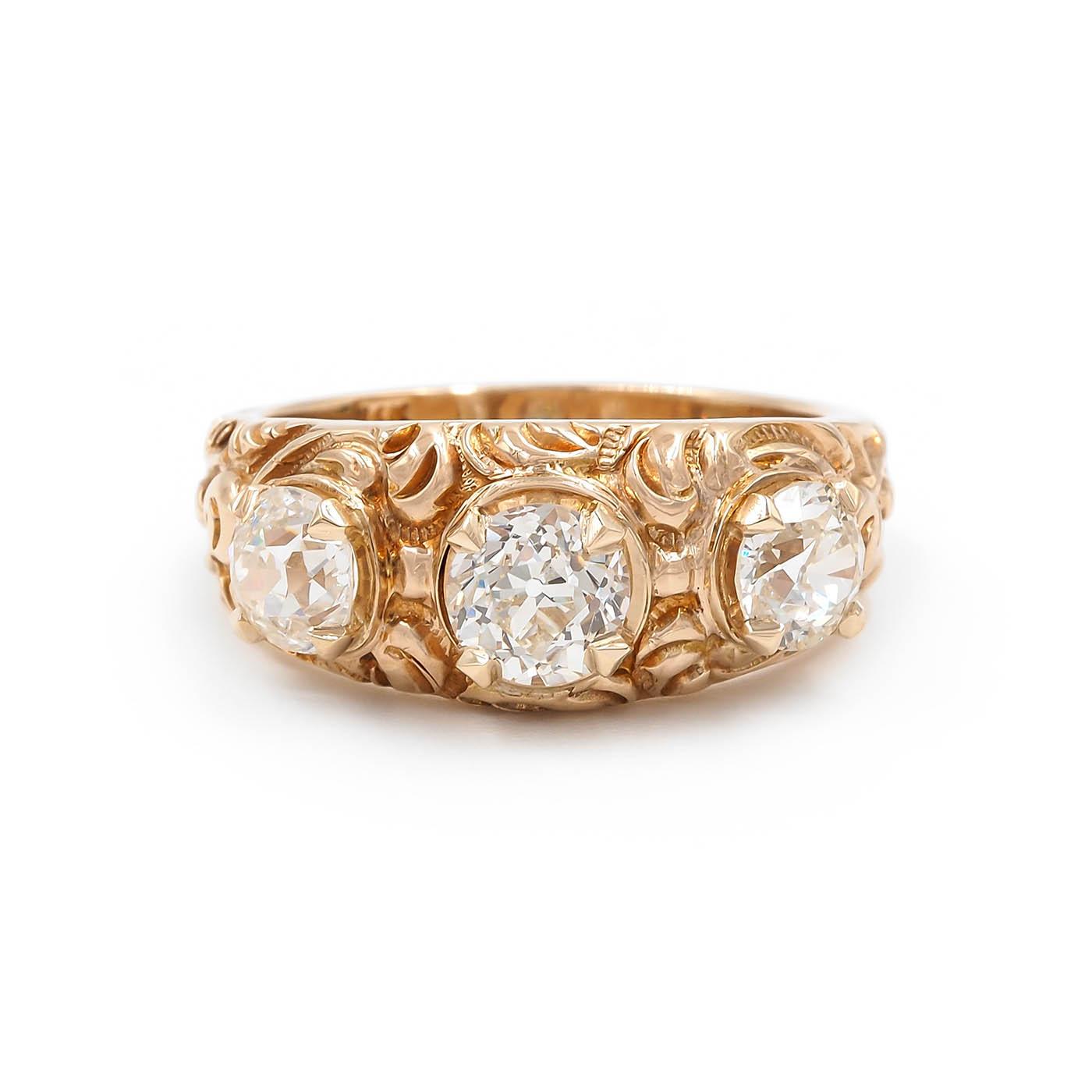 Victorian 0.83 Ct. Old European Cut Diamond Ornate 3-Stone Ring