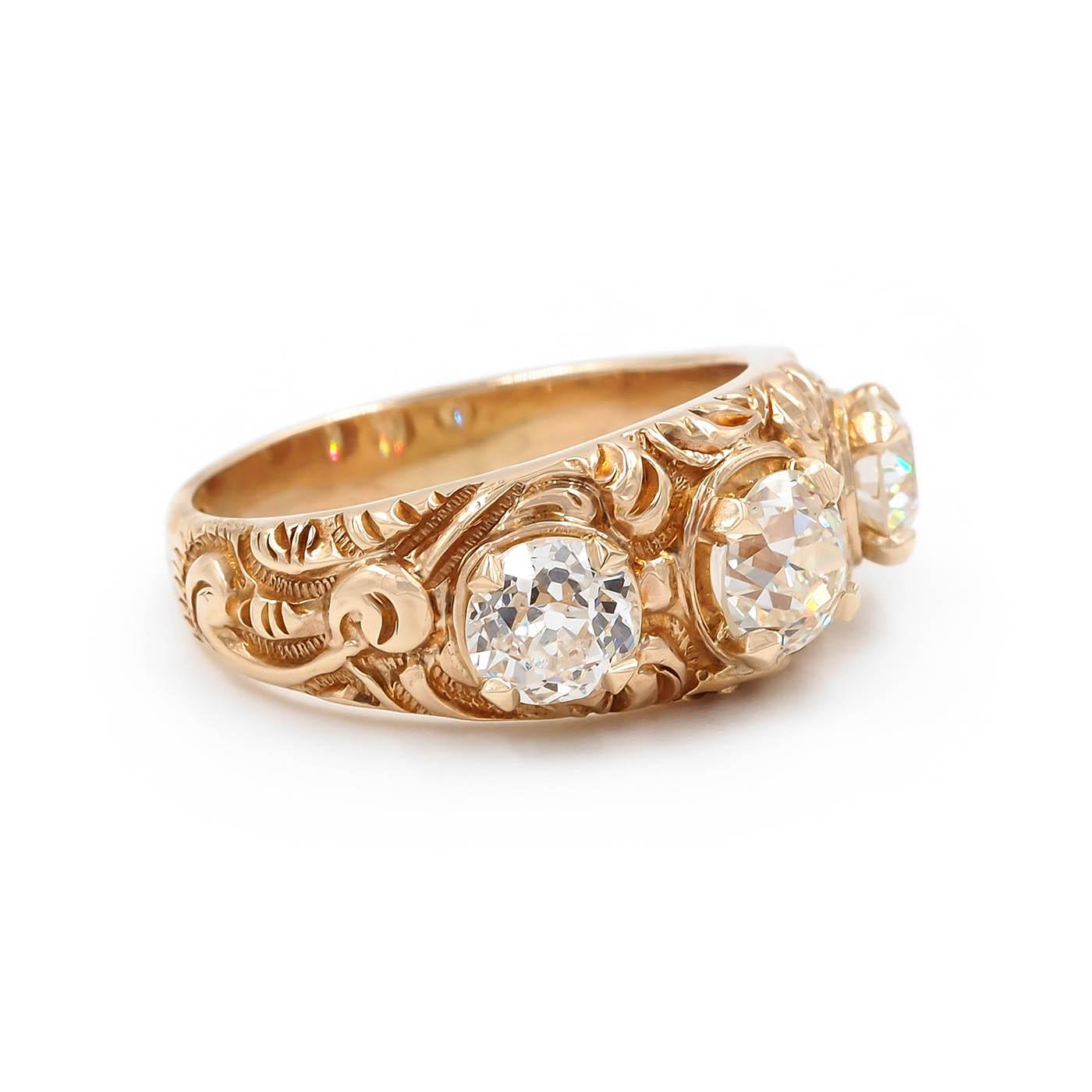 Victorian 0.83 Ct. Old European Cut Diamond Ornate 3-Stone Ring