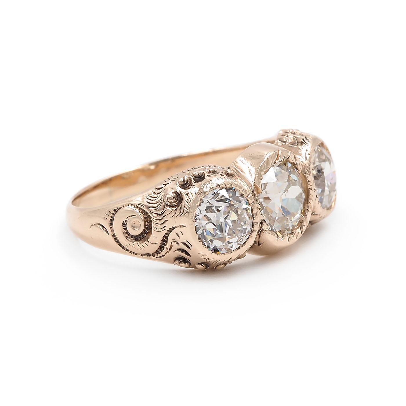 Victorian 0.96 Ct. Old European Cut Diamond Ornate 3-Stone Ring