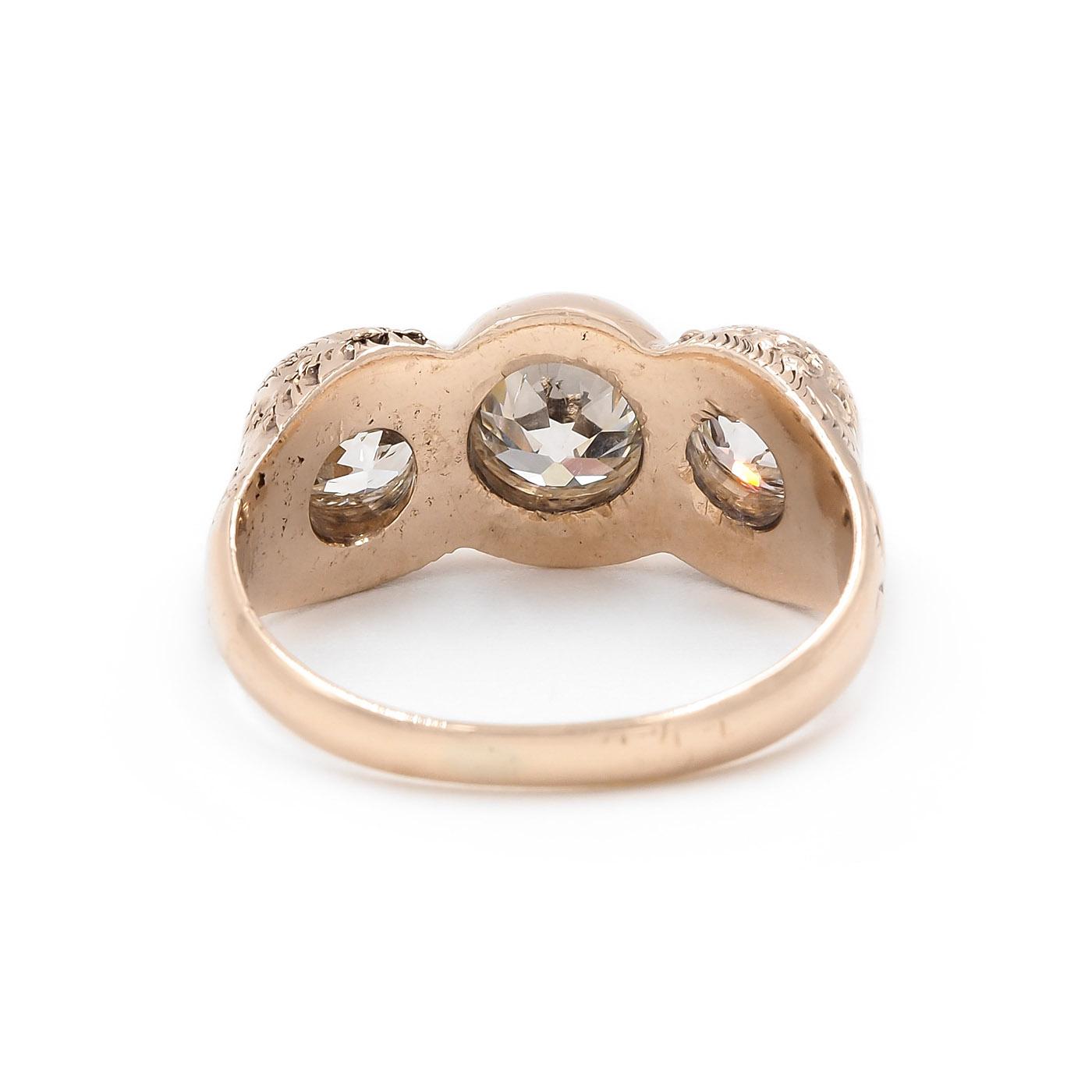 Victorian 0.96 Ct. Old European Cut Diamond Ornate 3-Stone Ring