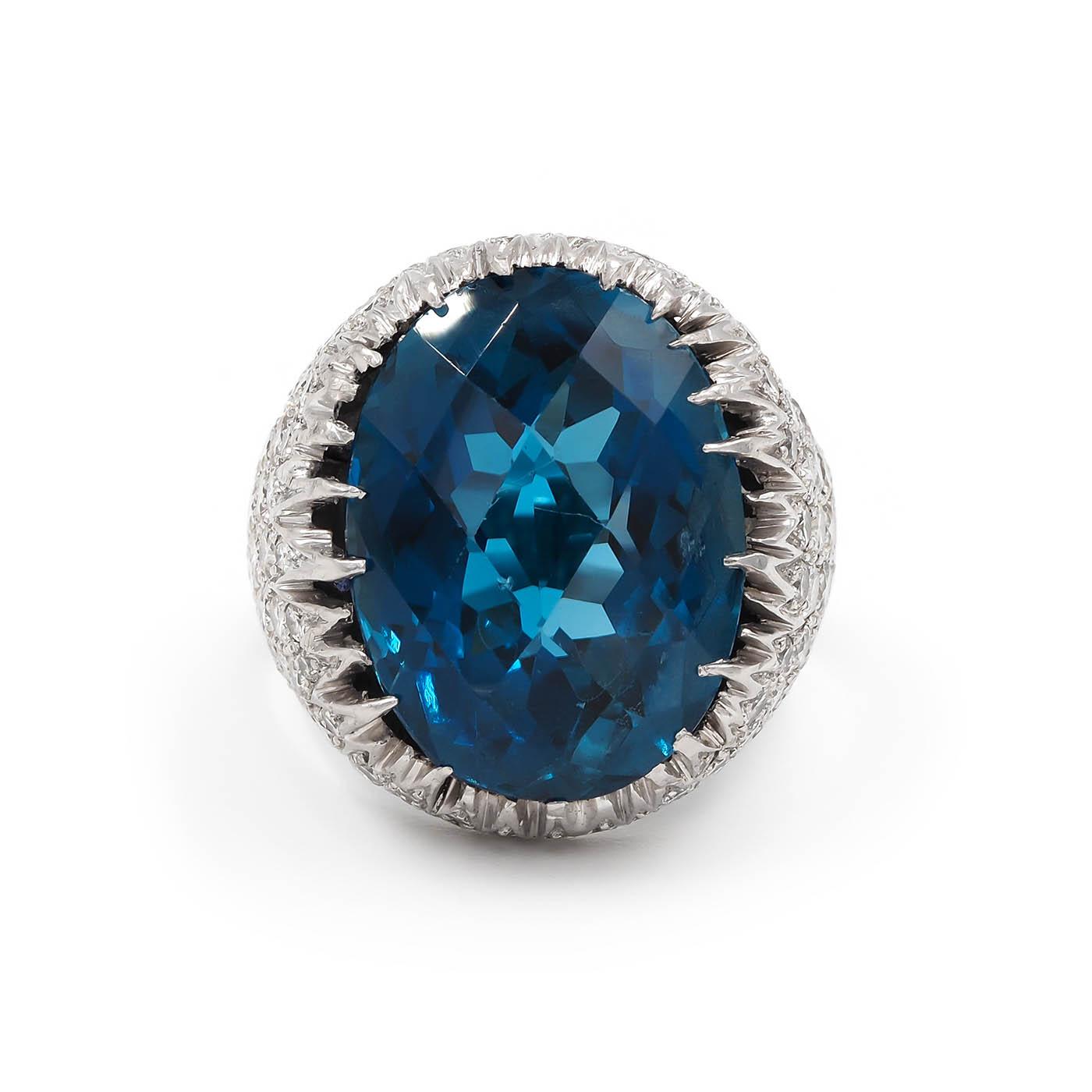 Vintage 'Icy' 23.00 Ct. Blue Topaz & 1.65 Ctw. Diamond Cocktail Ring