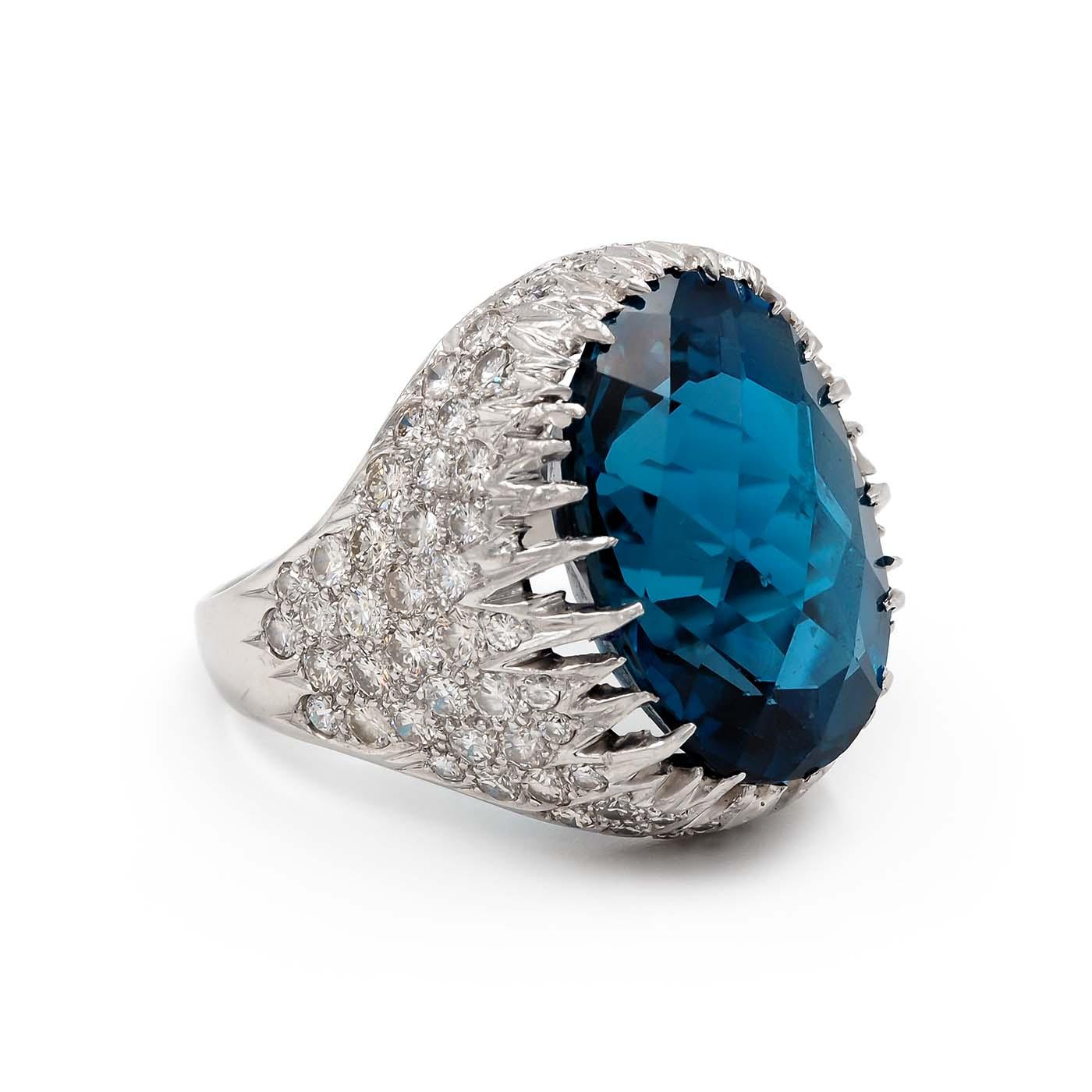 Vintage 'Icy' 23.00 Ct. Blue Topaz & 1.65 Ctw. Diamond Cocktail Ring