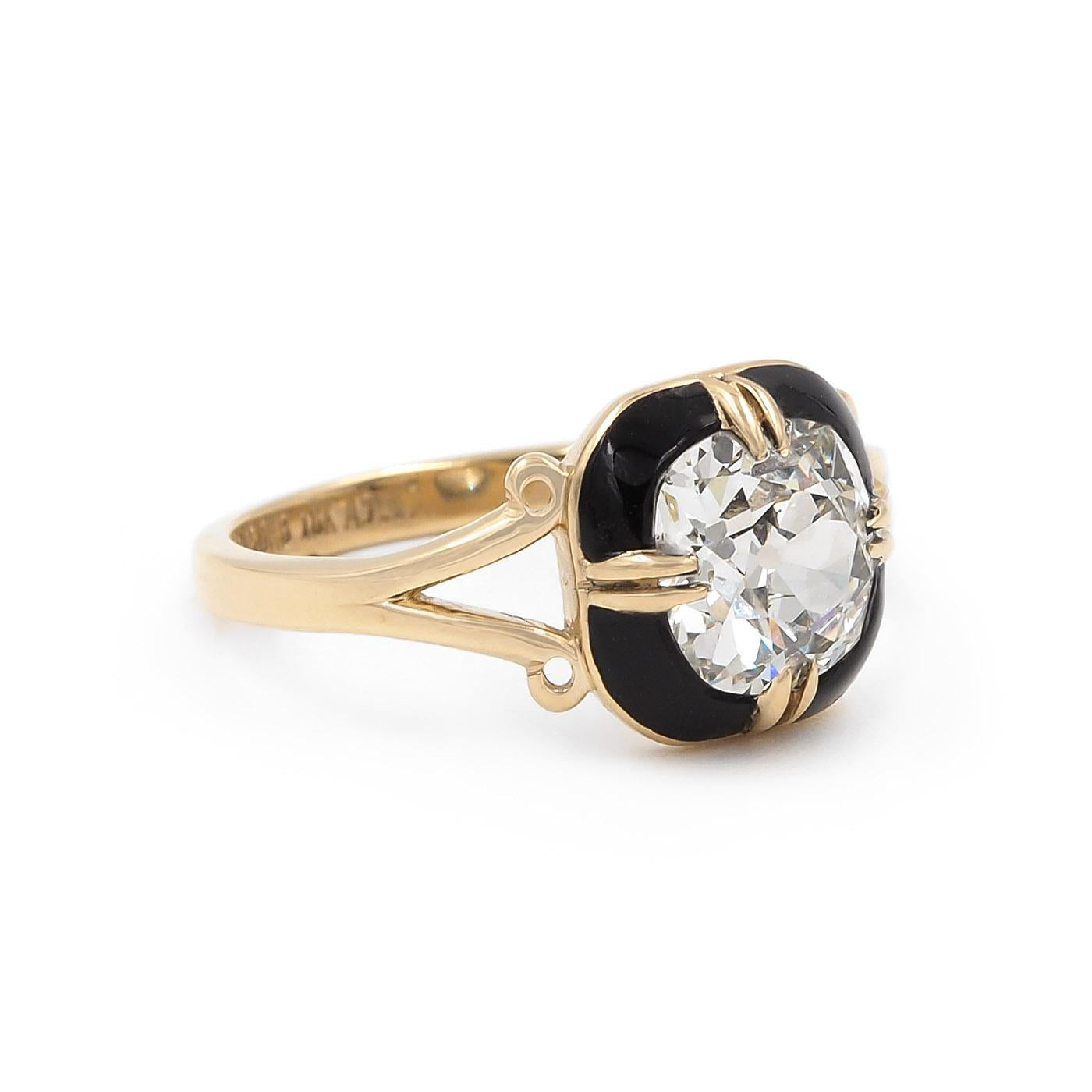 1.45 Ct. Old Mine Cut Diamond & Enamel Engagement Ring from Bespoke by Platt