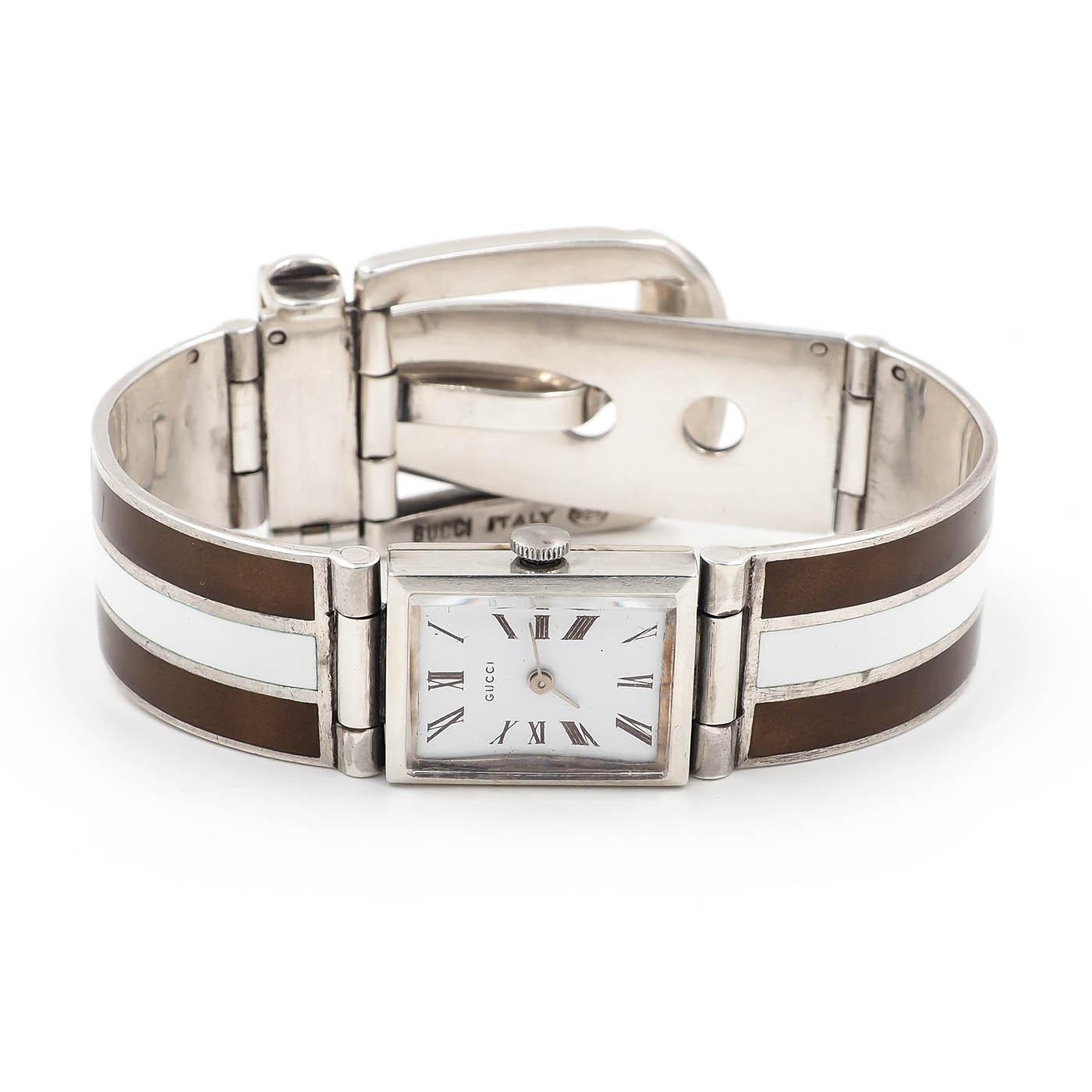 Vintage Brown & White Enamel Striped Buckle Watch Bracelet by Gucci