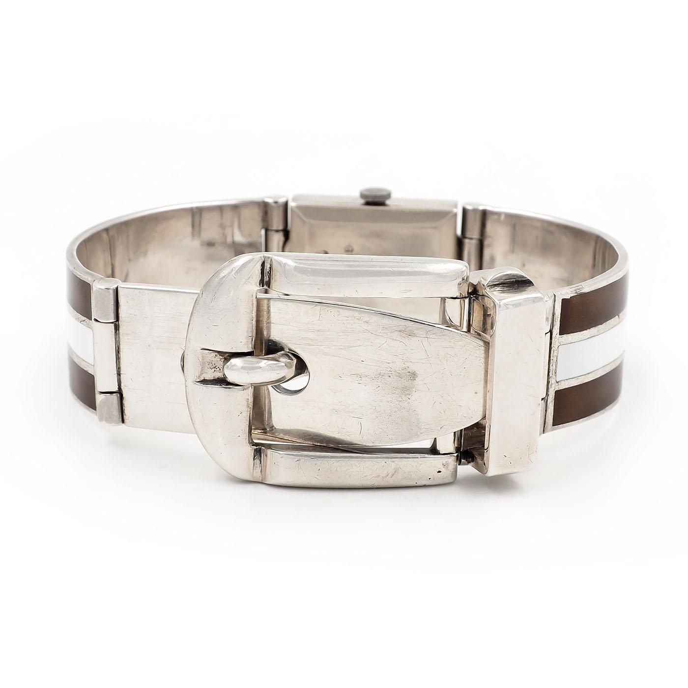 Vintage Brown & White Enamel Striped Buckle Watch Bracelet by Gucci