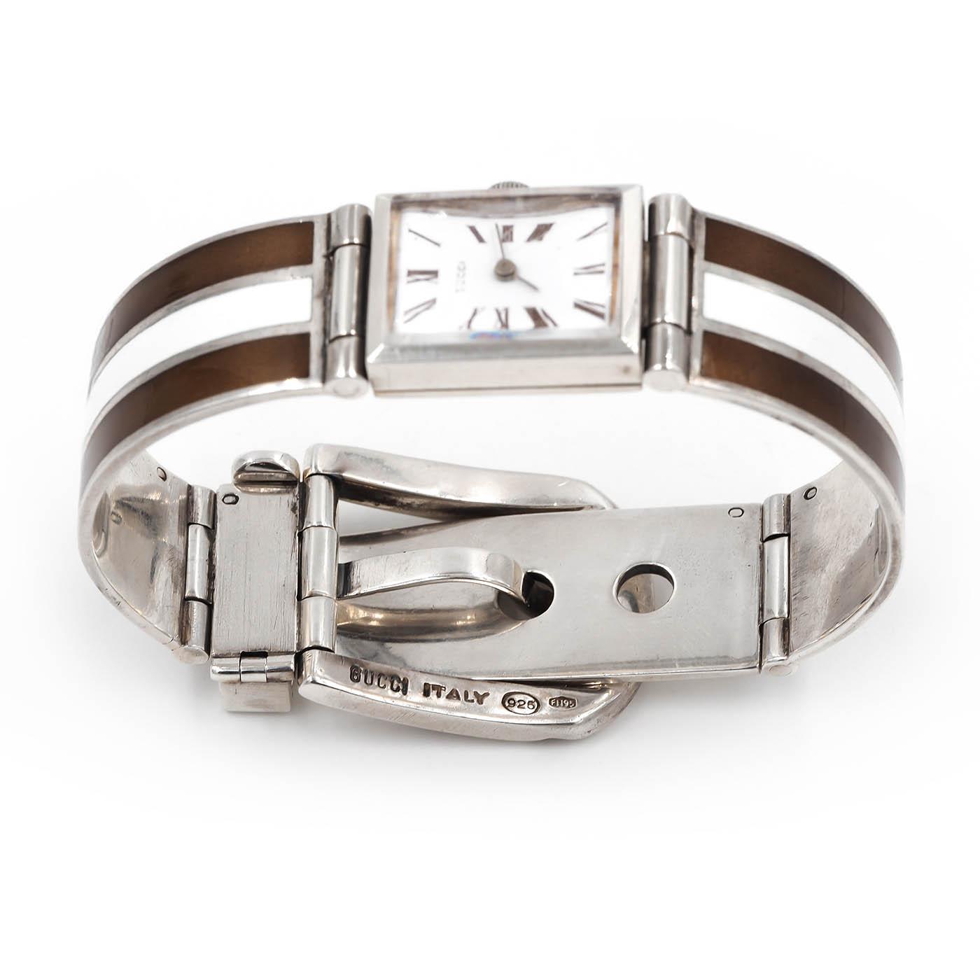 Vintage Brown & White Enamel Striped Buckle Watch Bracelet by Gucci