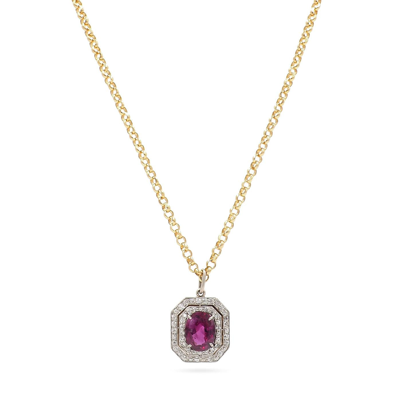 Edwardian 1.82 Ct. Oval Ruby & Diamond Octagonal Cluster Pendant Necklace