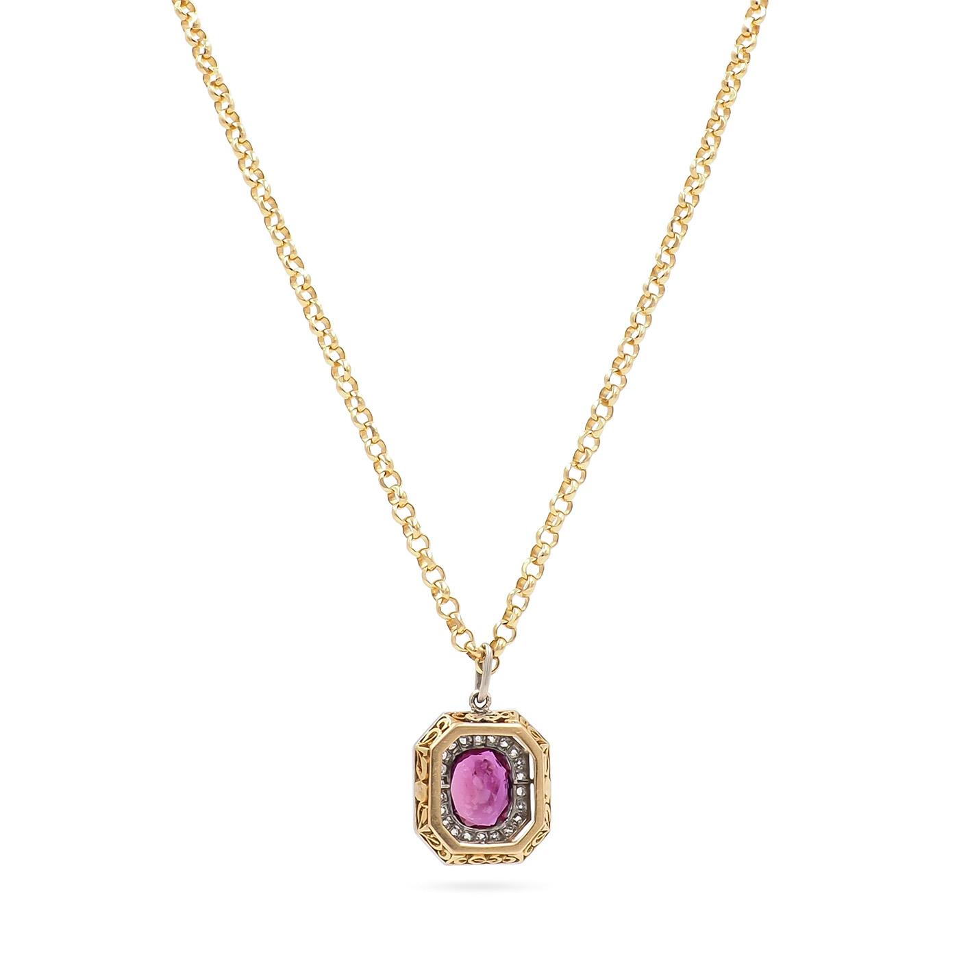 Edwardian 1.82 Ct. Oval Ruby & Diamond Octagonal Cluster Pendant Necklace
