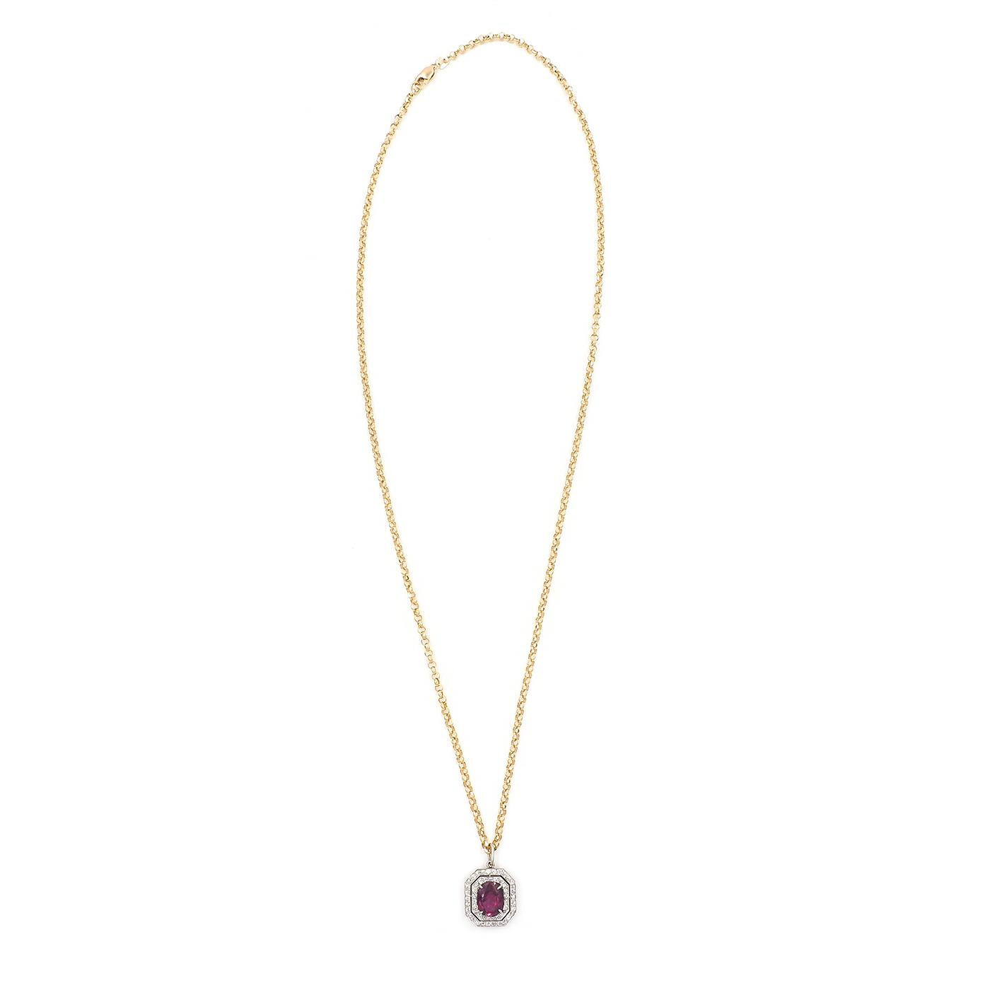 Edwardian 1.82 Ct. Oval Ruby & Diamond Octagonal Cluster Pendant Necklace