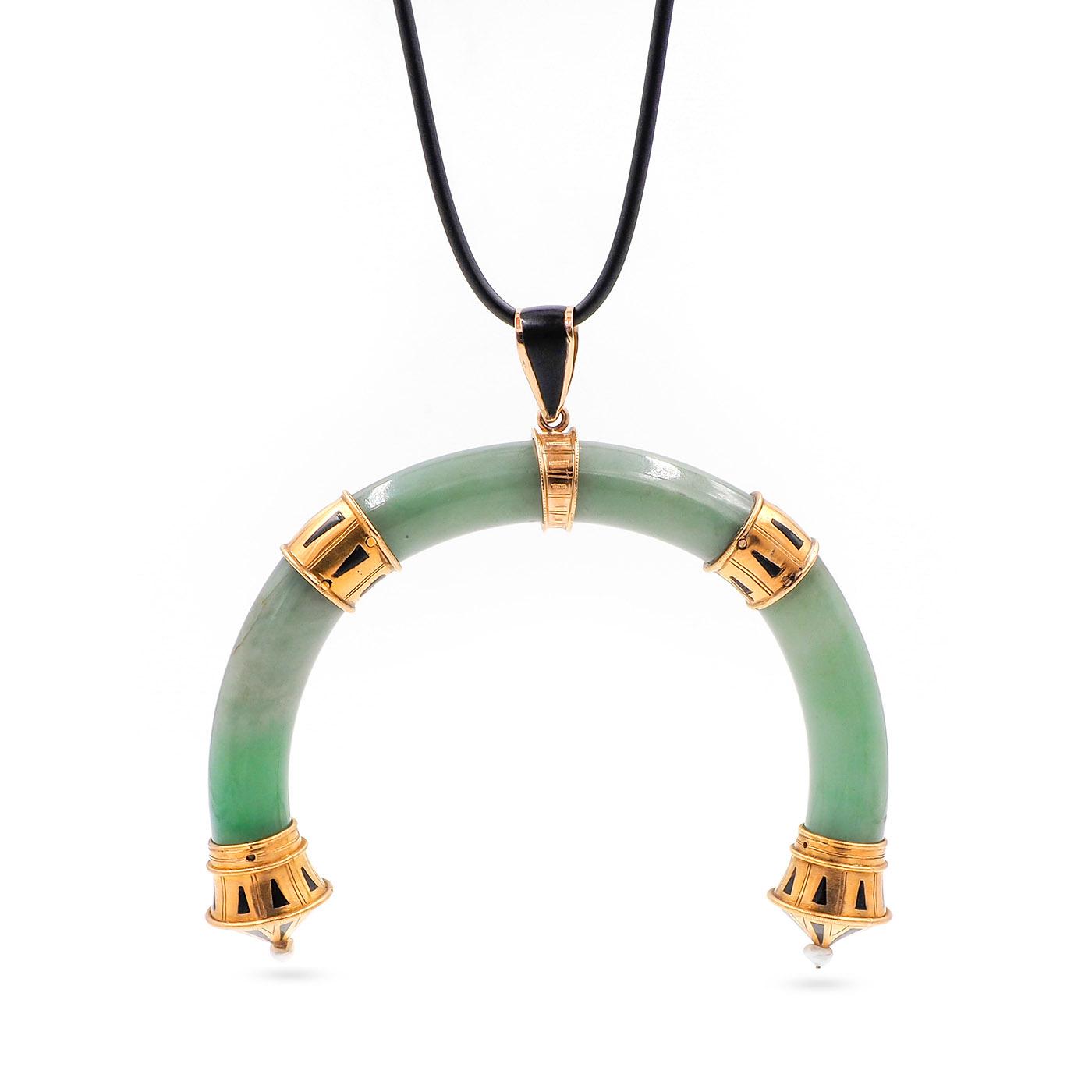 Victorian Jade & Pearl Horseshoe Pendant Necklace