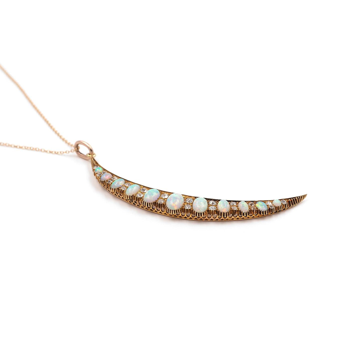 Victorian 0.66 Ctw. Old Mine Cut Diamond & Opal Crescent Moon Pendant Necklace