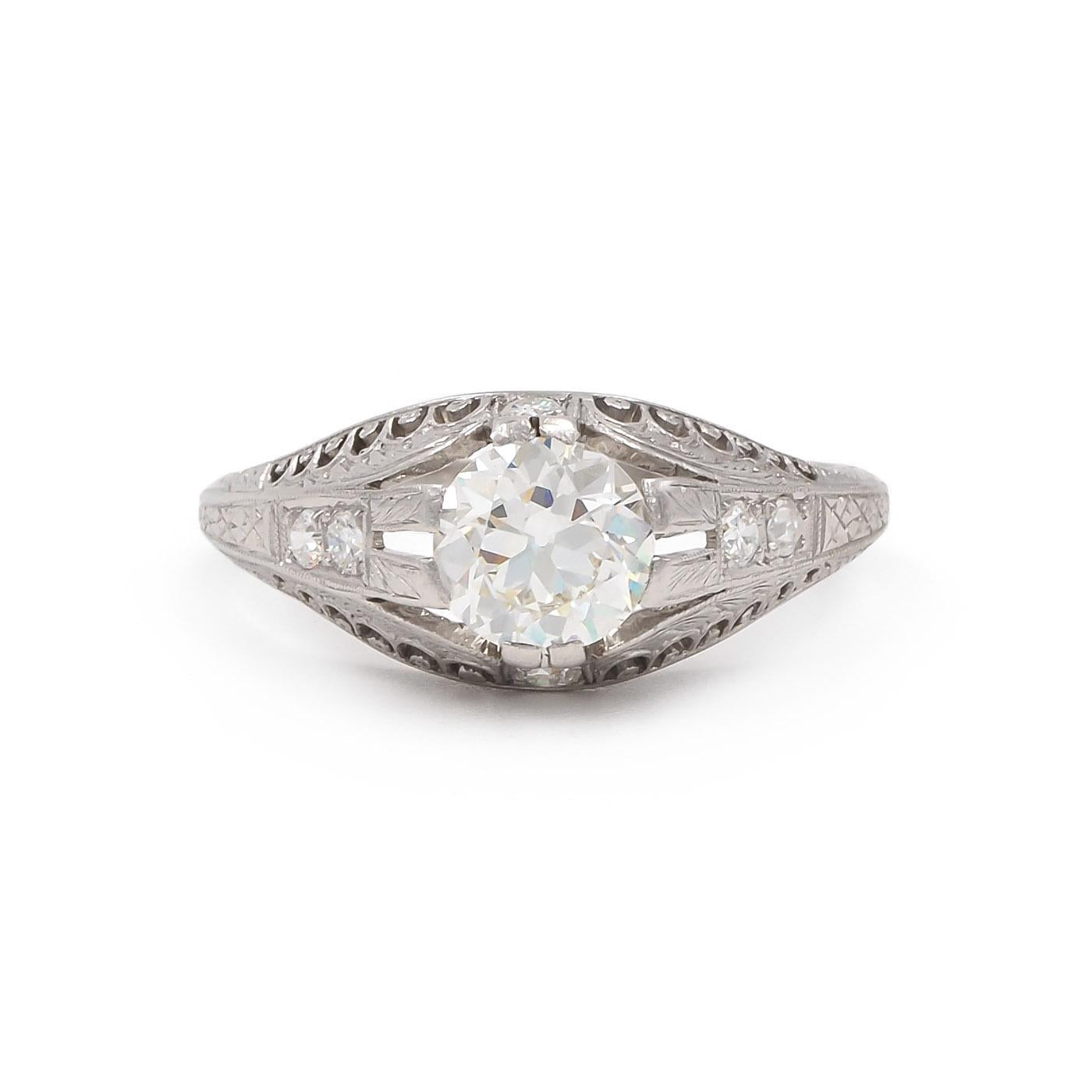 Art Deco 1.21 Ct. Old European Cut Diamond Geometric-Motif Engagement Ring