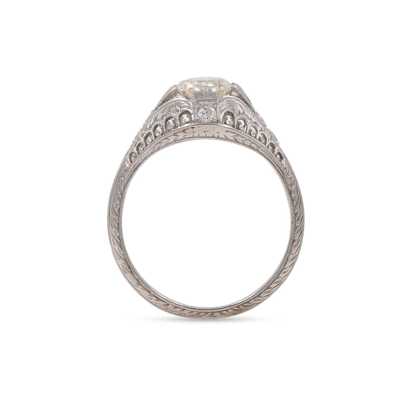 Art Deco 1.21 Ct. Old European Cut Diamond Geometric-Motif Engagement Ring