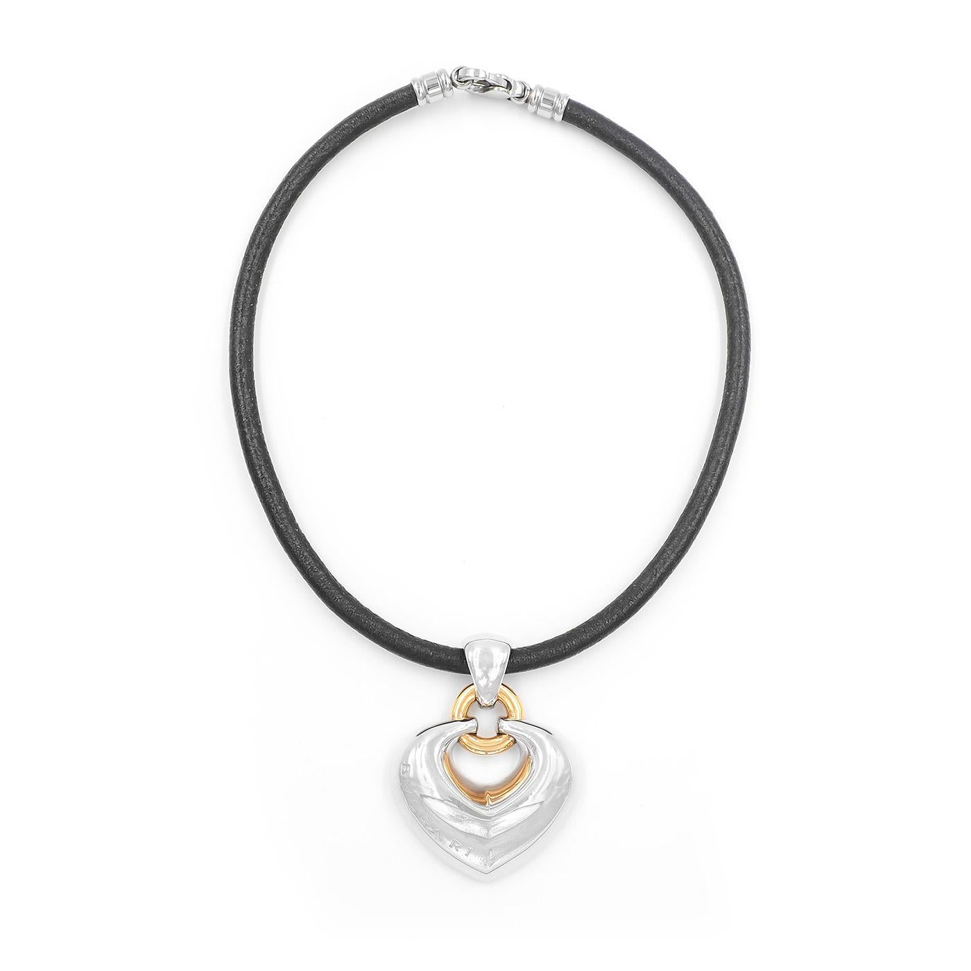 Vintage Two-Tone Puffed Heart 'Doppio Cuore' Pendant Necklace from Bulgari