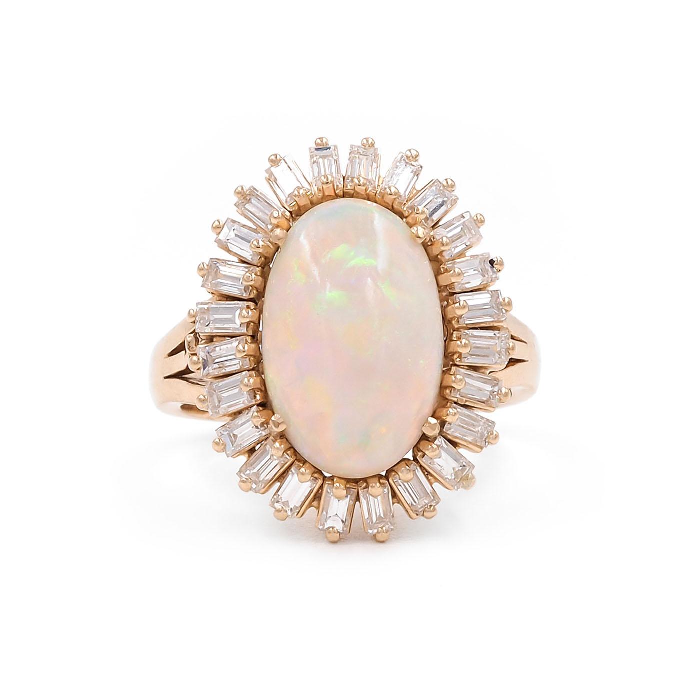 Vintage 3.37 Ct. Opal & Baguette Cut Diamond Cluster Ring