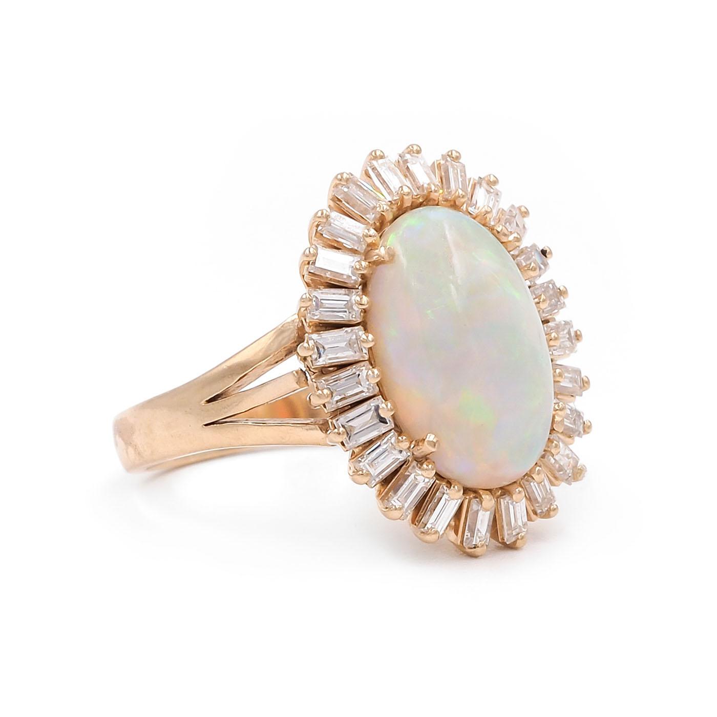 Vintage 3.37 Ct. Opal & Baguette Cut Diamond Cluster Ring