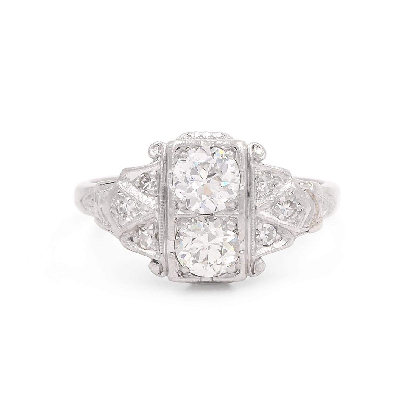 Art Deco 0.70 Ctw. Old European Cut Diamond Toi et Moi Engagement Ring