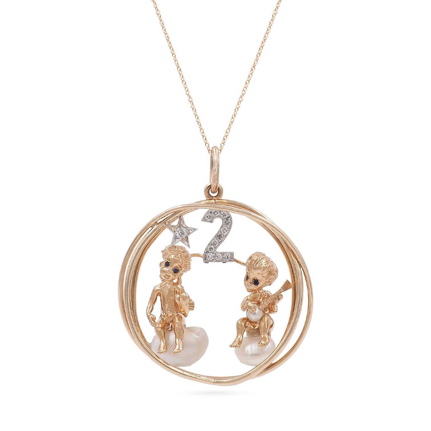 Vintage Diamond & Pearl '2' Pendant with Cherubs, by Ruser