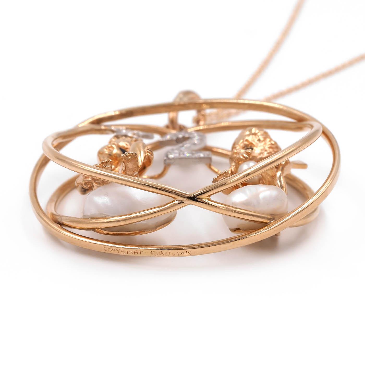 Vintage Diamond & Pearl '2' Pendant with Cherubs, by Ruser