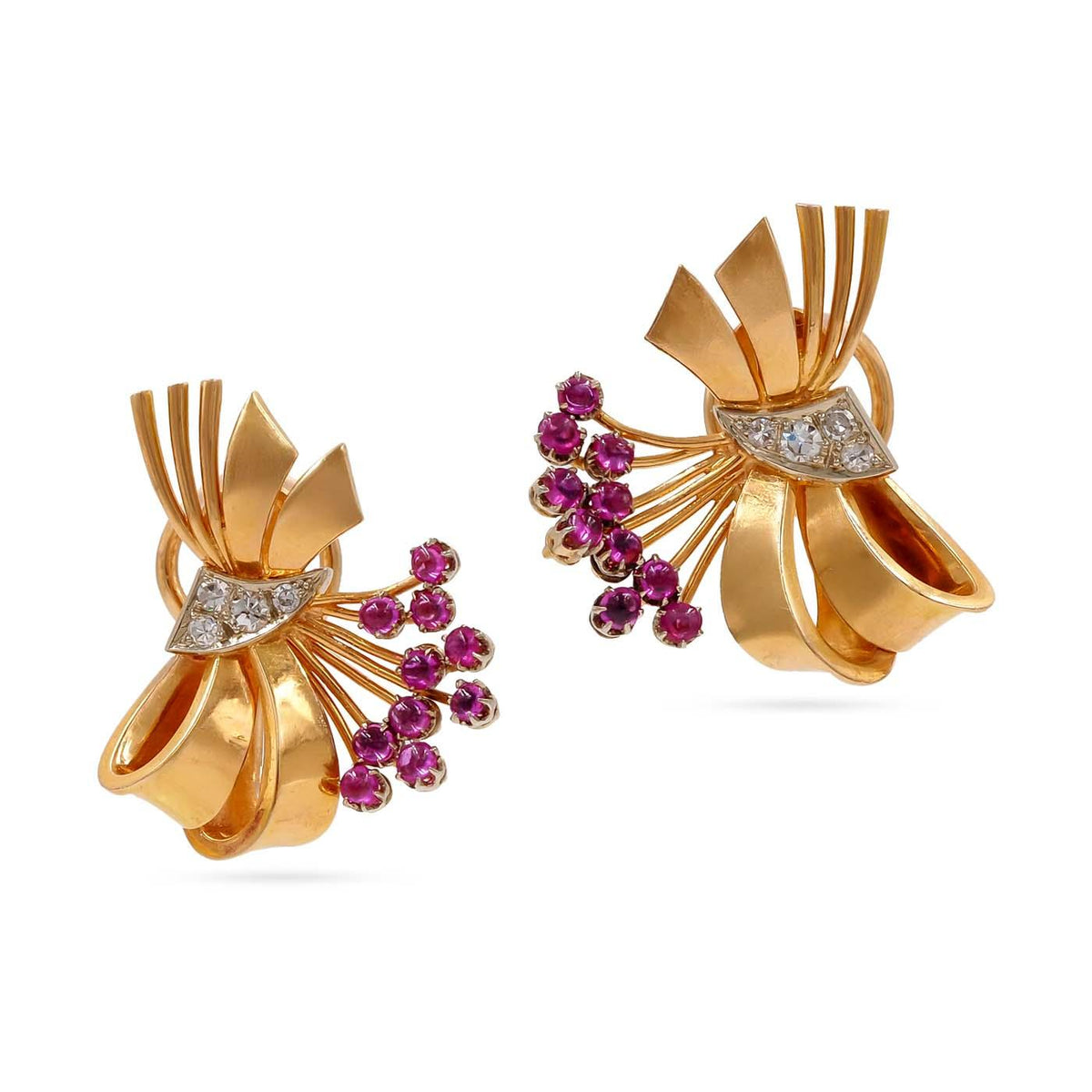 Retro Ruby & Single Cut Diamond Bow Floral Spray Earrings