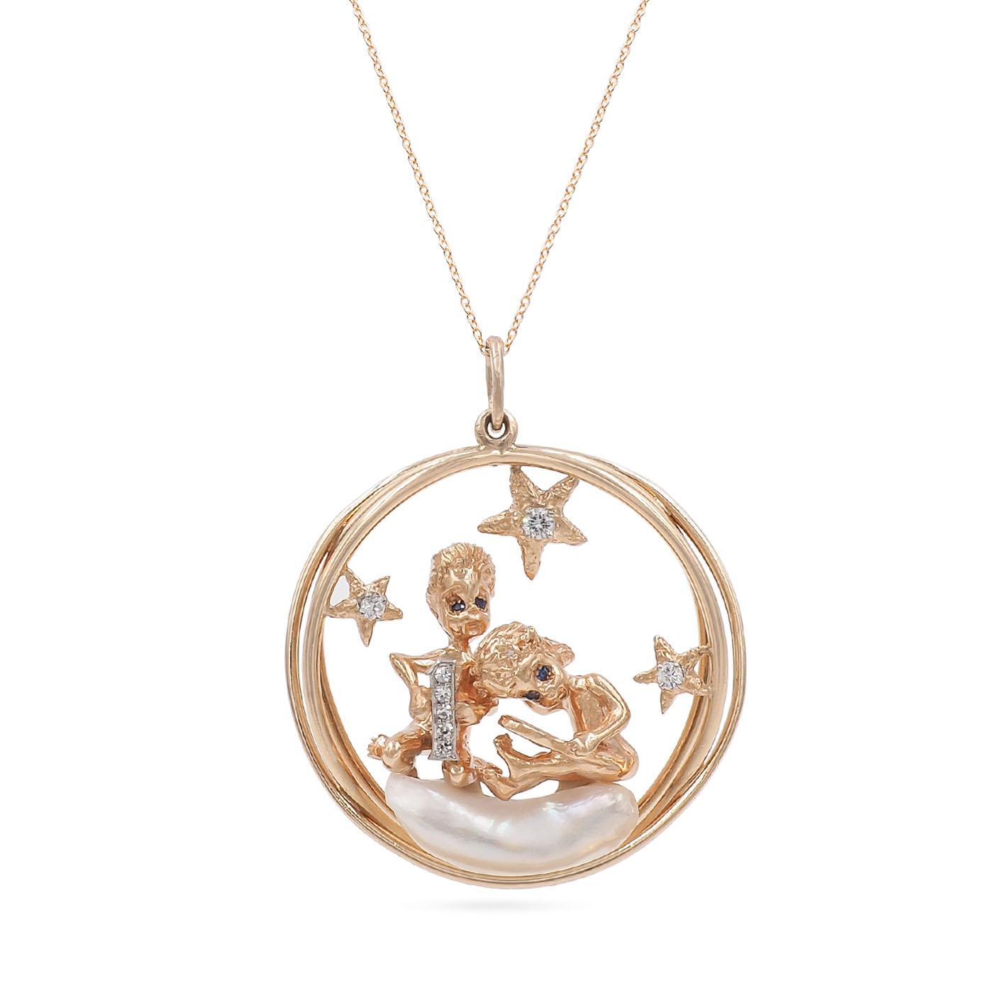 Vintage Diamond & Pearl '1' Pendant with Cherubs, by Ruser