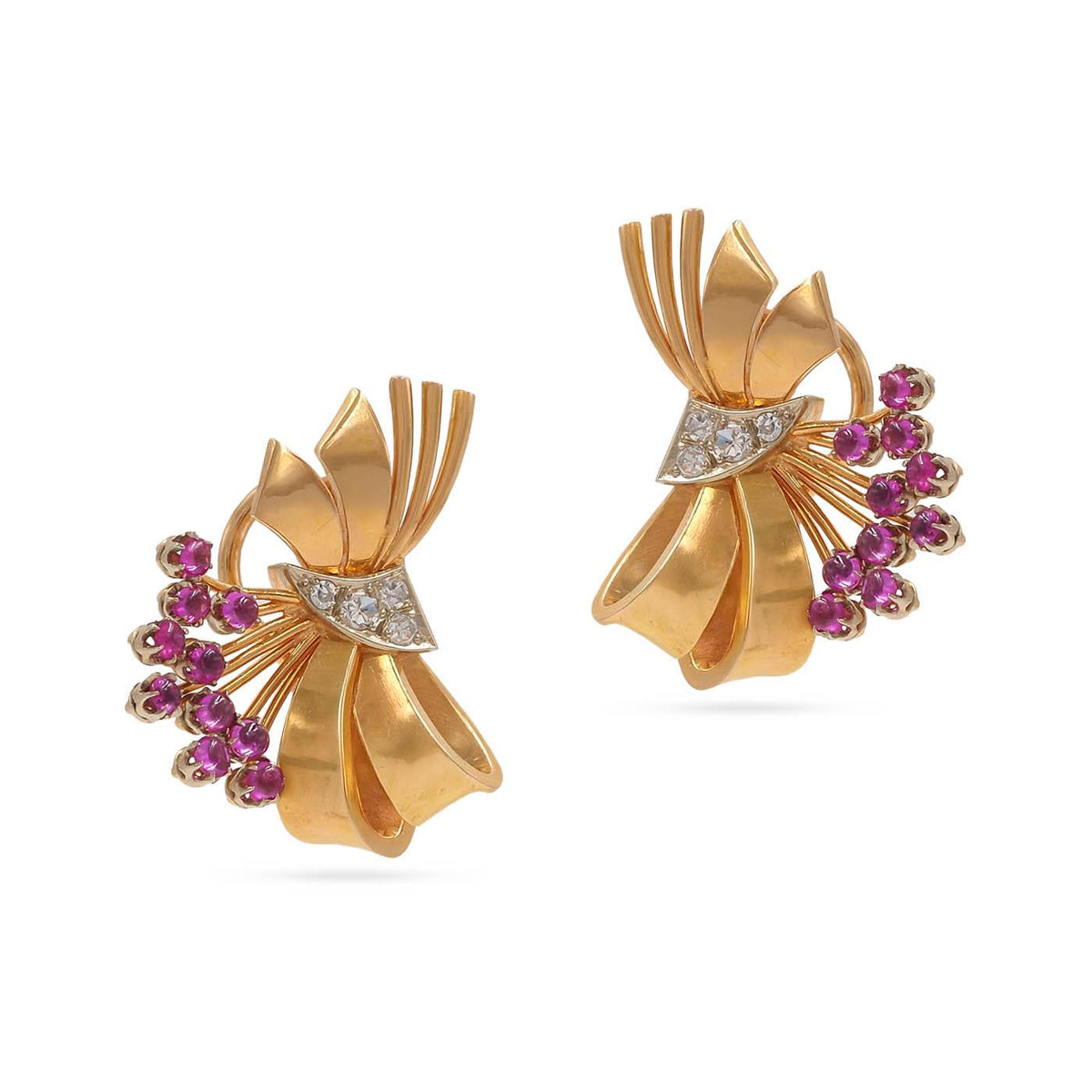 Retro Ruby & Single Cut Diamond Bow Floral Spray Earrings