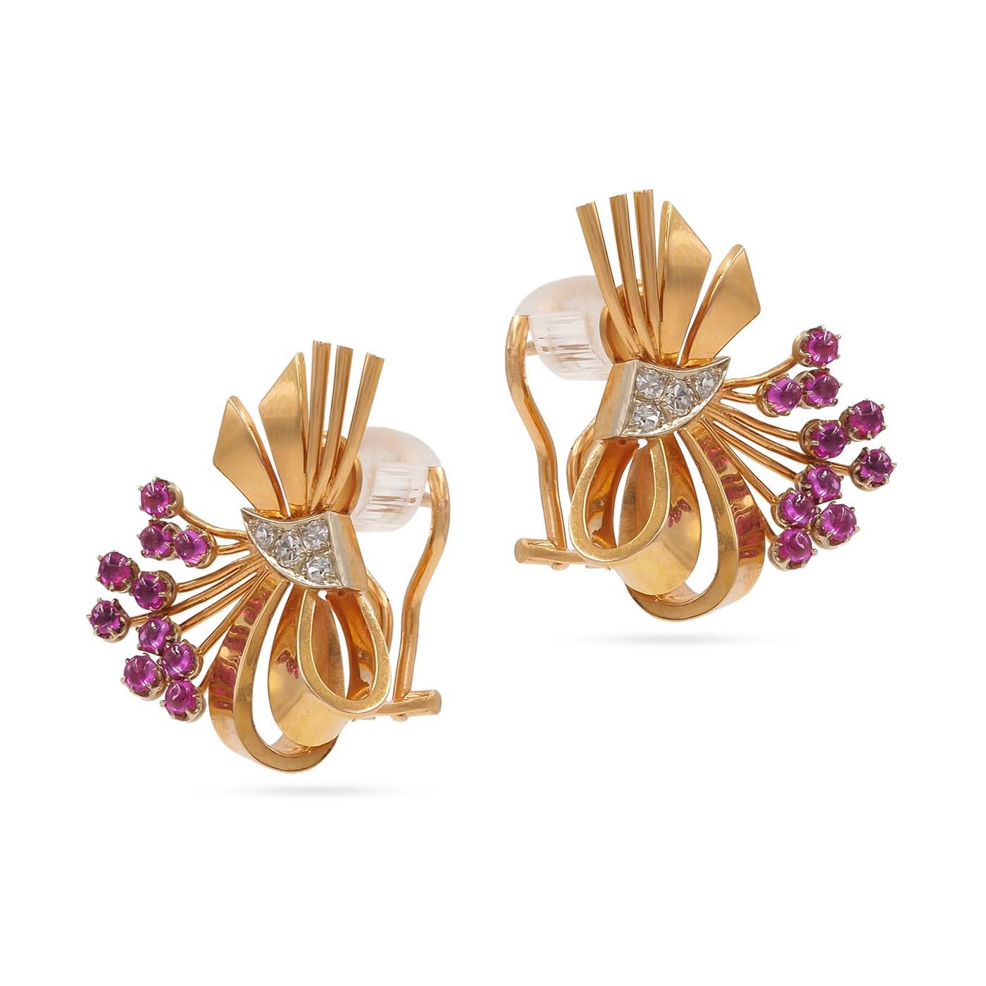 Retro Ruby & Single Cut Diamond Bow Floral Spray Earrings