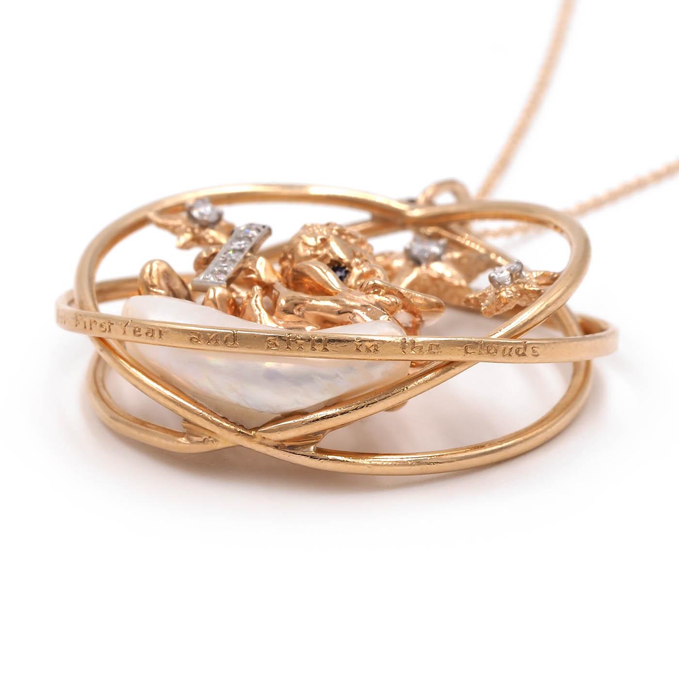 Vintage Diamond & Pearl '1' Pendant with Cherubs, by Ruser